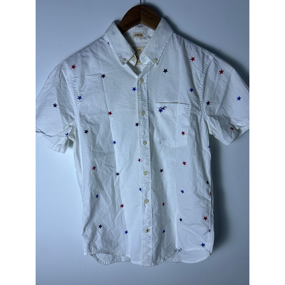 Hollister Button Down Shirt Mens XS White Epic Flex Star Print Short Sleeve